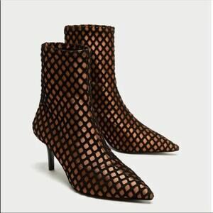 ZARA Fishnet Ankle Boots Heeled Booties Black Mesh Womens 35 Glam Party Shoes